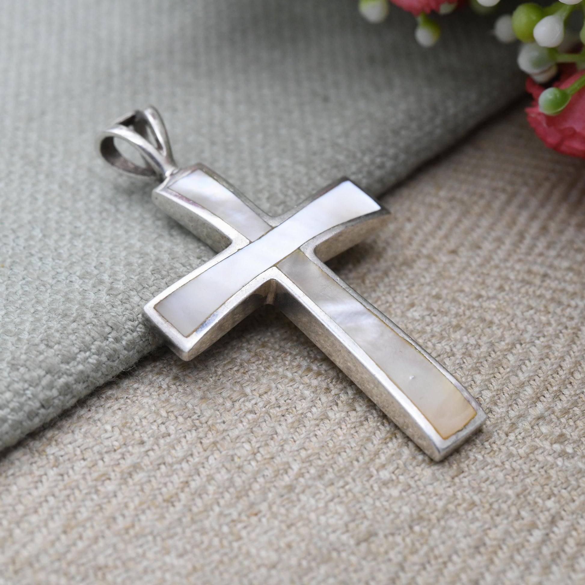 Sterling Silver Cross Pendant with Inlaid Mother of Pearl - Chunky Cross | Christian Charm for Religious Necklace