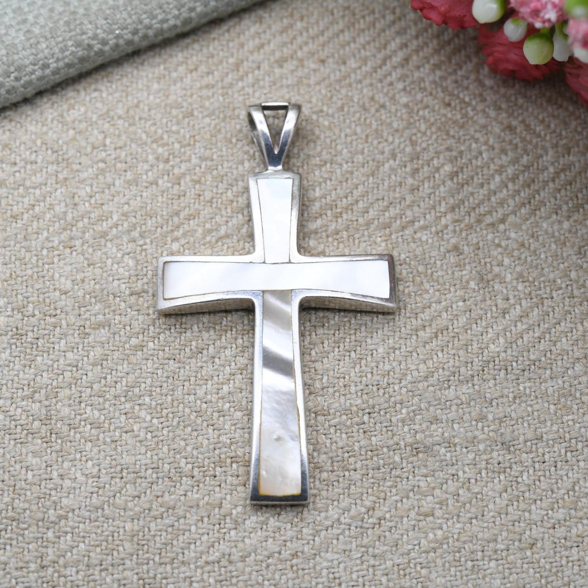 Sterling Silver Cross Pendant with Inlaid Mother of Pearl - Chunky Cross | Christian Charm for Religious Necklace