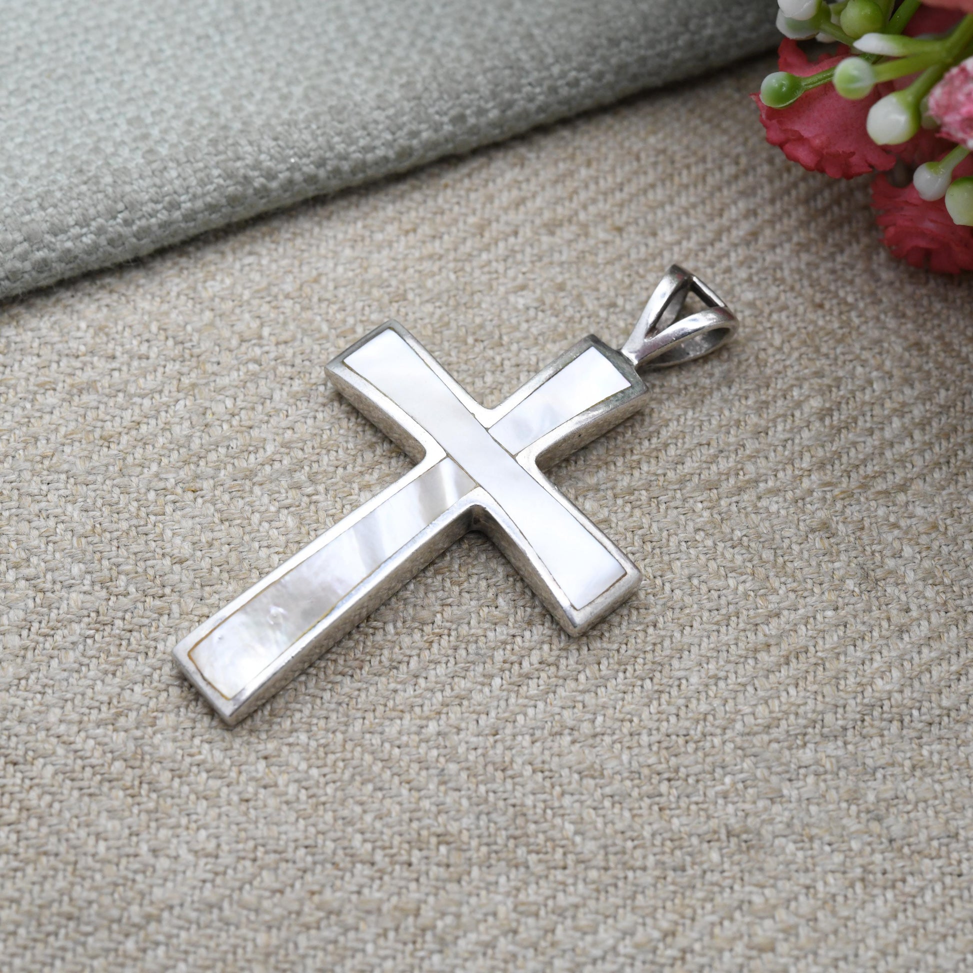 Sterling Silver Cross Pendant with Inlaid Mother of Pearl - Chunky Cross | Christian Charm for Religious Necklace