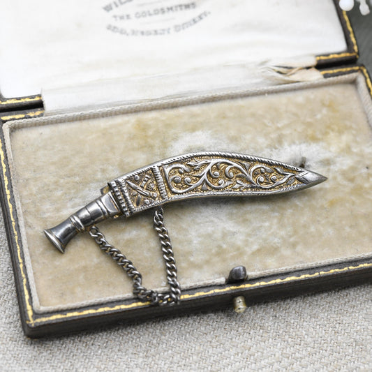 Vintage Silver Gurkha Khukuri Brooch - Nepalese Traditional Knife | British Armed Forces Tie Pin