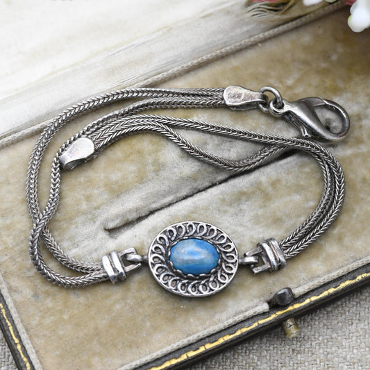 Vintage Sterling Silver Blue Stone Multi Strand Chain Bracelet - Cabochon Blue Gemstone | Beautiful Bracelet for Her