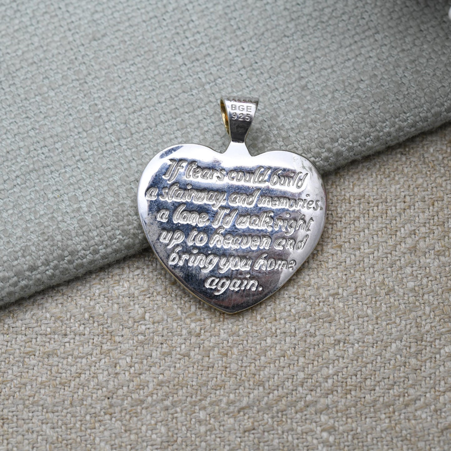 Bradford Gold Exchange Sterling Silver Mourning Love Heart Pendant - Engraved Message Clear Stone and Gold Plated Wings