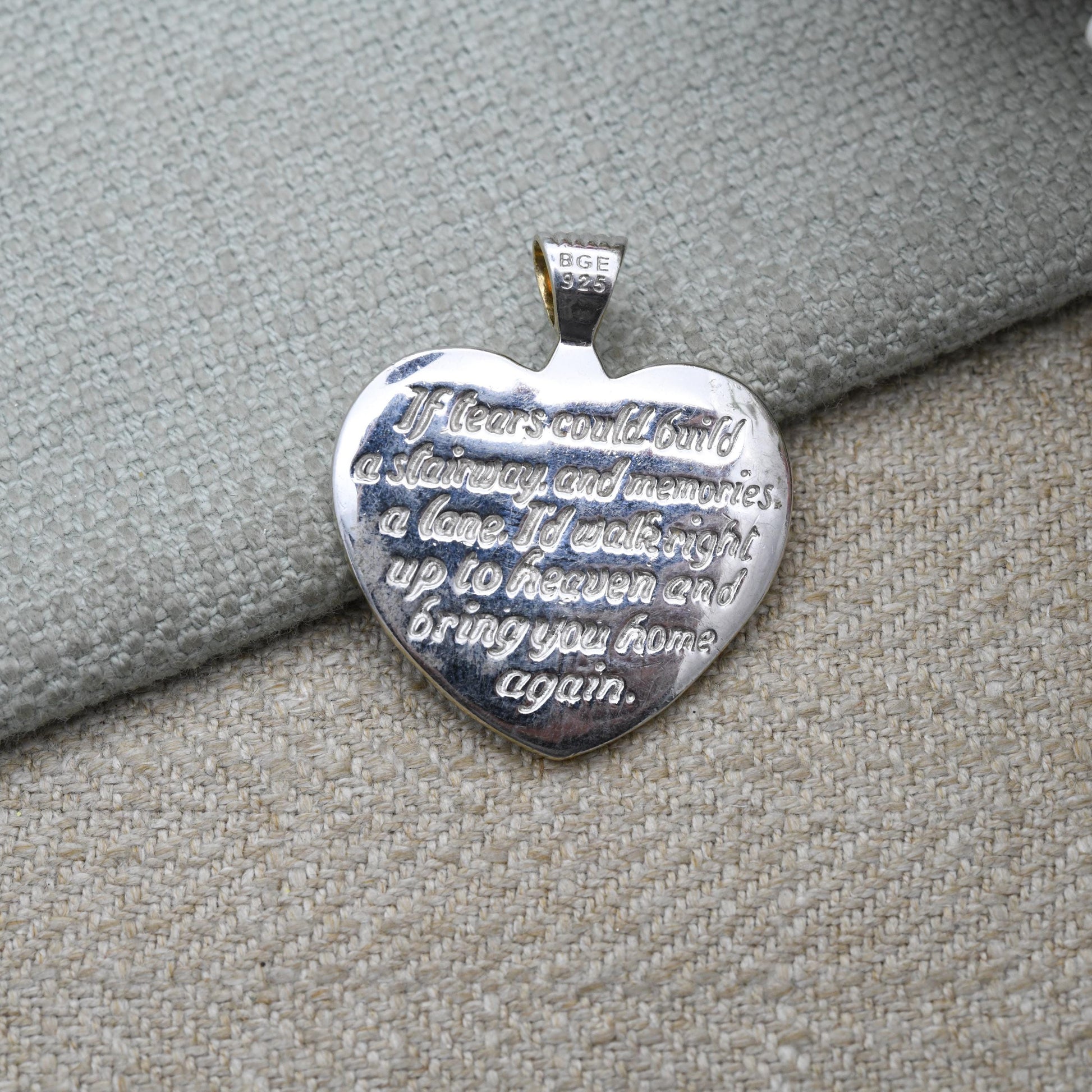 Bradford Gold Exchange Sterling Silver Mourning Love Heart Pendant - Engraved Message Clear Stone and Gold Plated Wings