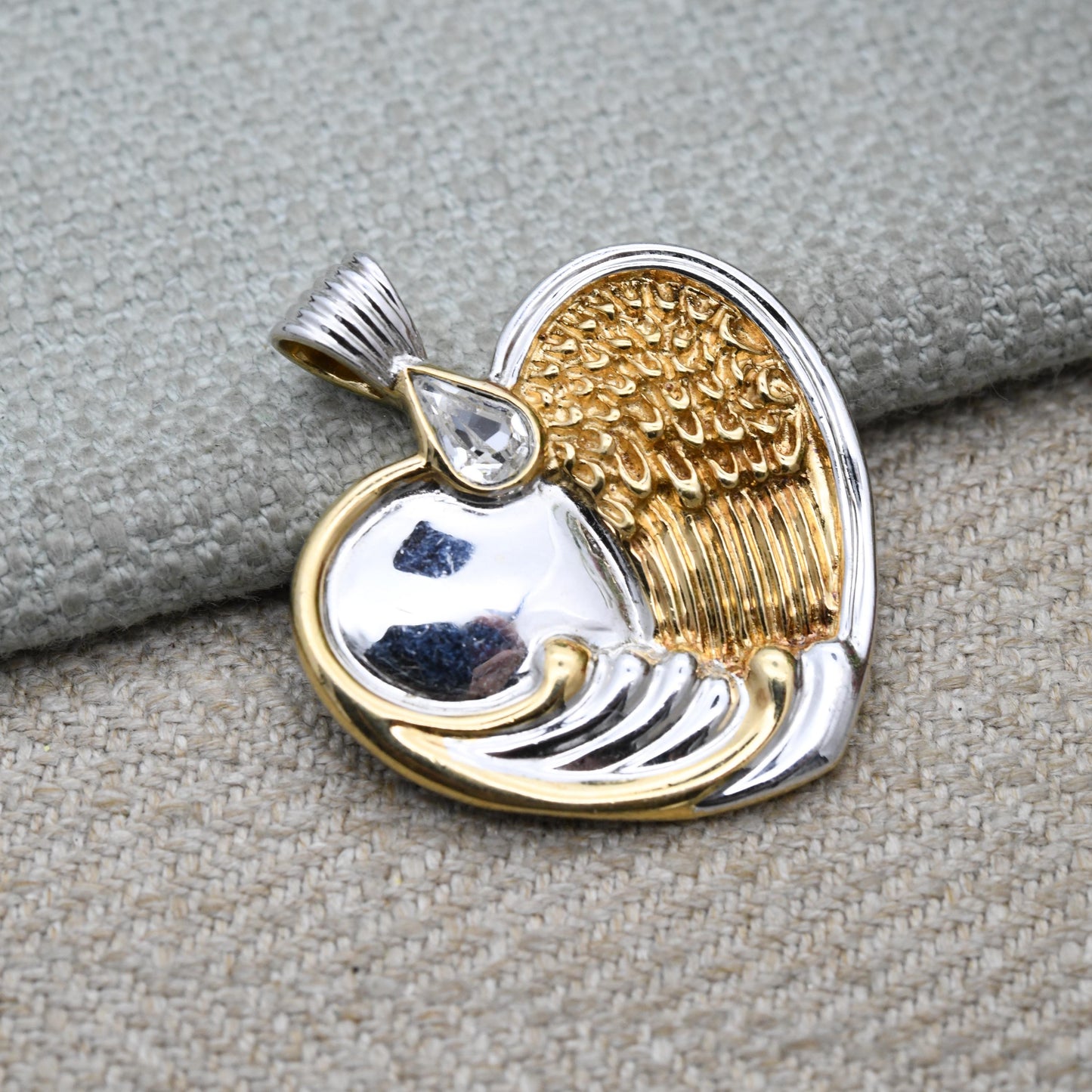 Bradford Gold Exchange Sterling Silver Mourning Love Heart Pendant - Engraved Message Clear Stone and Gold Plated Wings