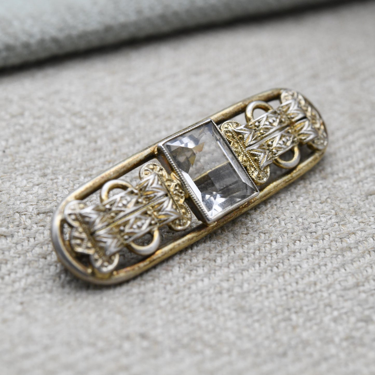 Vintage Silver Gold Plated Clear Stone Bar Brooch - Faceted White Gemstone with Buckle Design