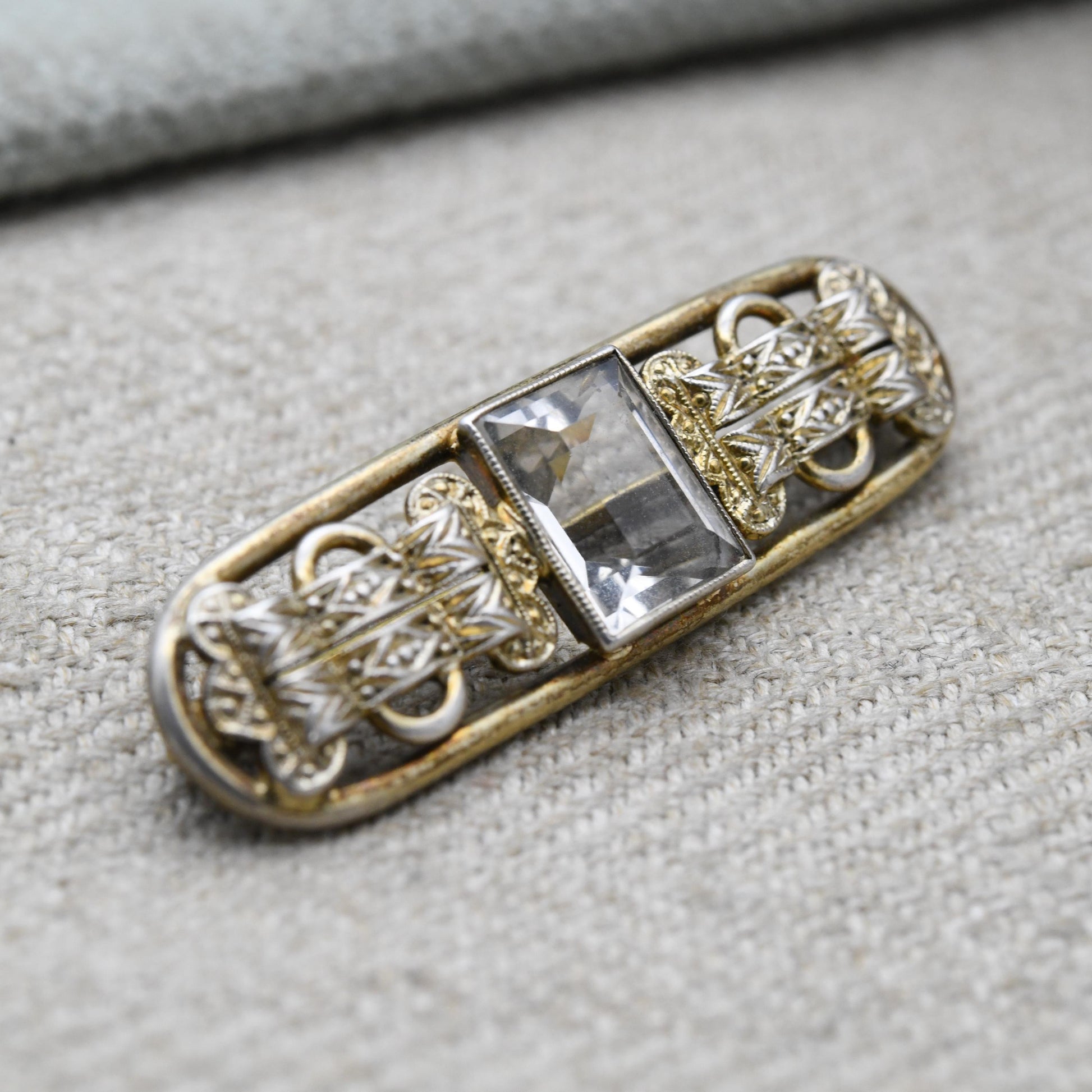 Vintage Silver Gold Plated Clear Stone Bar Brooch - Faceted White Gemstone with Buckle Design
