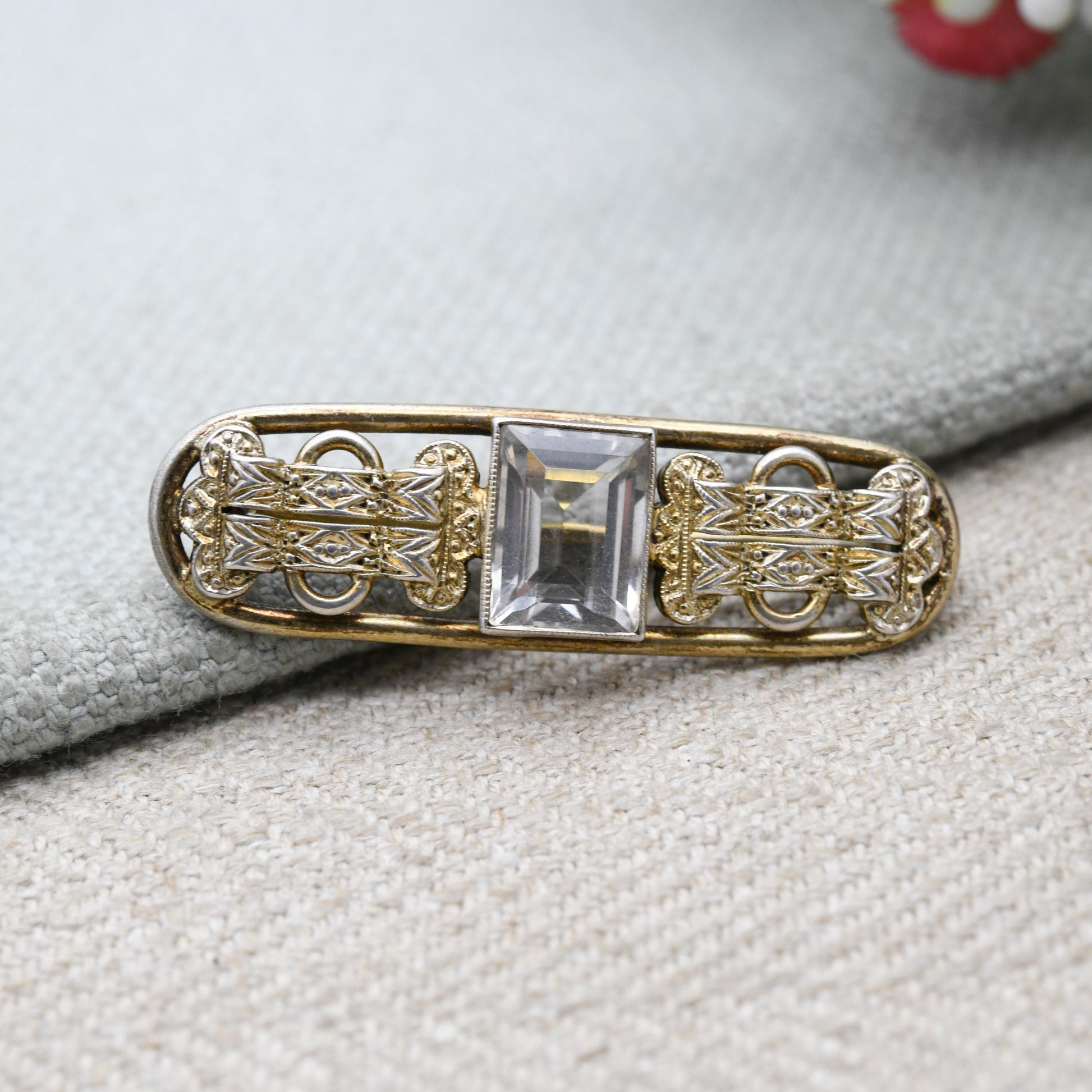 Vintage Silver Gold Plated Clear Stone Bar Brooch - Faceted White Gemstone with Buckle Design