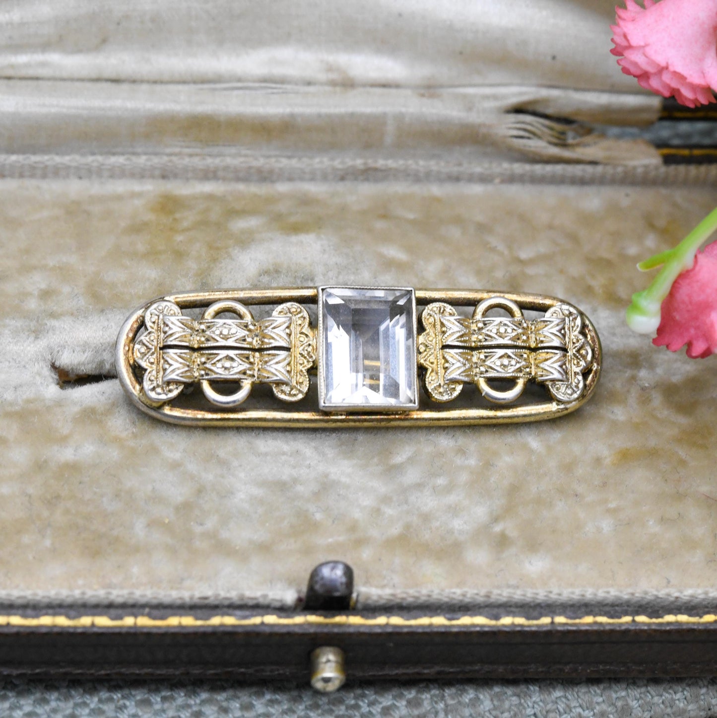 Vintage Silver Gold Plated Clear Stone Bar Brooch - Faceted White Gemstone with Buckle Design