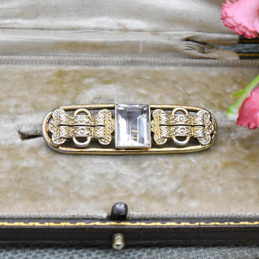 Vintage Silver Gold Plated Clear Stone Bar Brooch - Faceted White Gemstone with Buckle Design