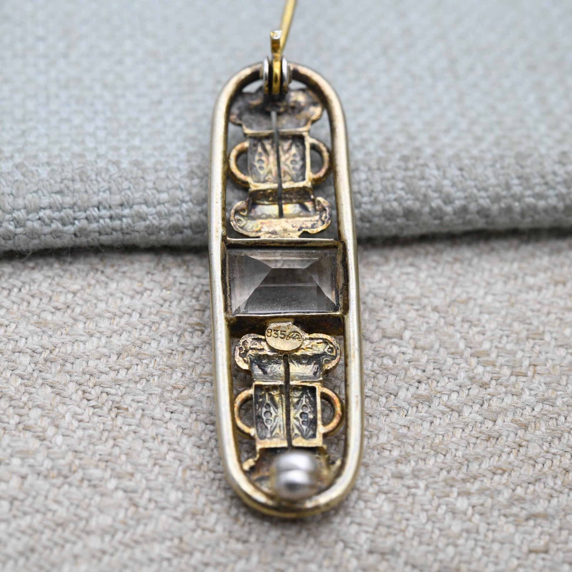 Vintage Silver Gold Plated Clear Stone Bar Brooch - Faceted White Gemstone with Buckle Design