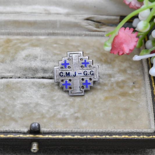 Vintage Silver Cross of Jerusalem Brooch - Blue Enamel | Inscribed Initials C.M.G G.G | Religious Cross Jewellery