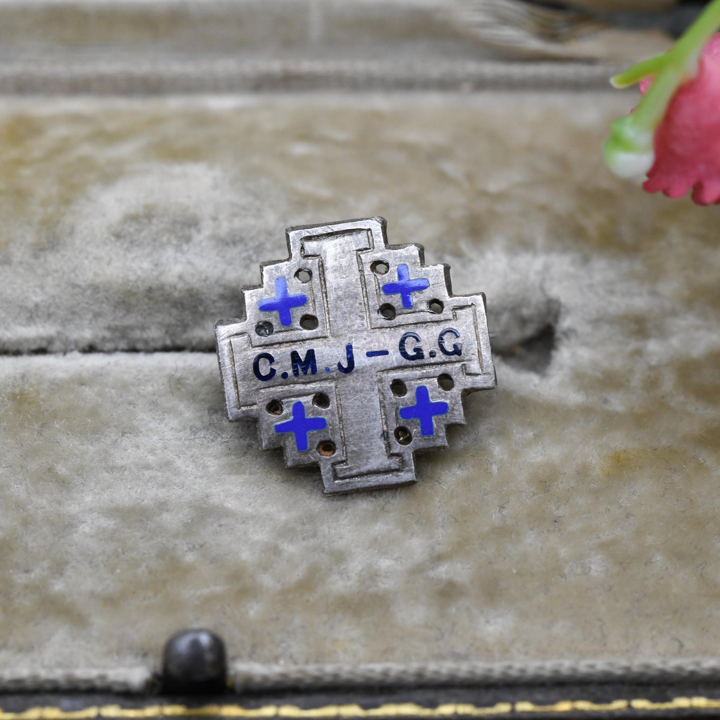 Vintage Silver Cross of Jerusalem Brooch - Blue Enamel | Inscribed Initials C.M.G G.G | Religious Cross Jewellery