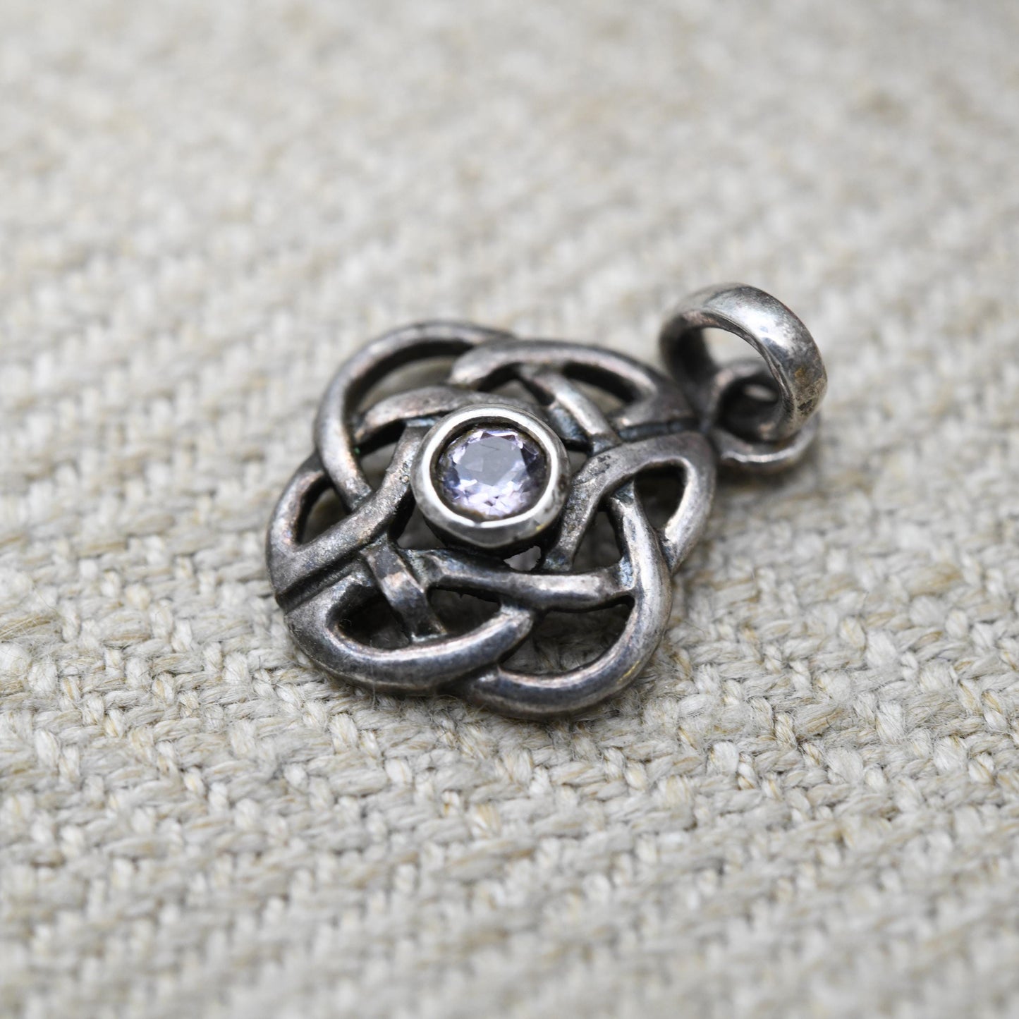 Vintage Sterling Silver Celtic Amethyst Pendant by Kit Heath - Openwork Purple Gemstone Jewellery | Celtic Knot Designer