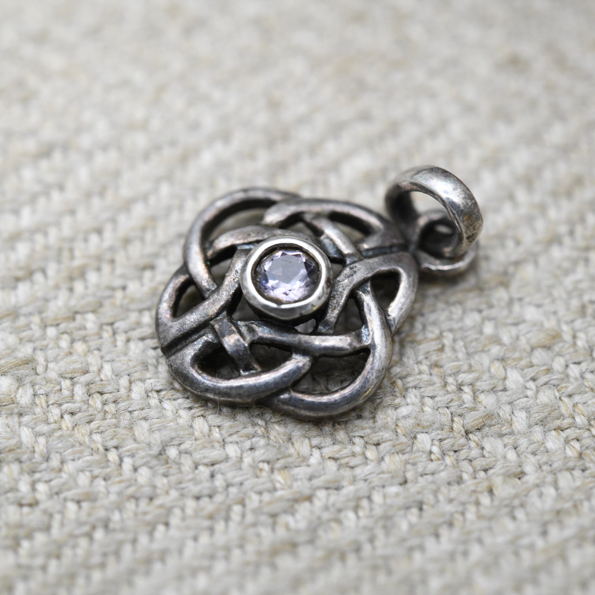 Vintage Sterling Silver Celtic Amethyst Pendant by Kit Heath - Openwork Purple Gemstone Jewellery | Celtic Knot Designer