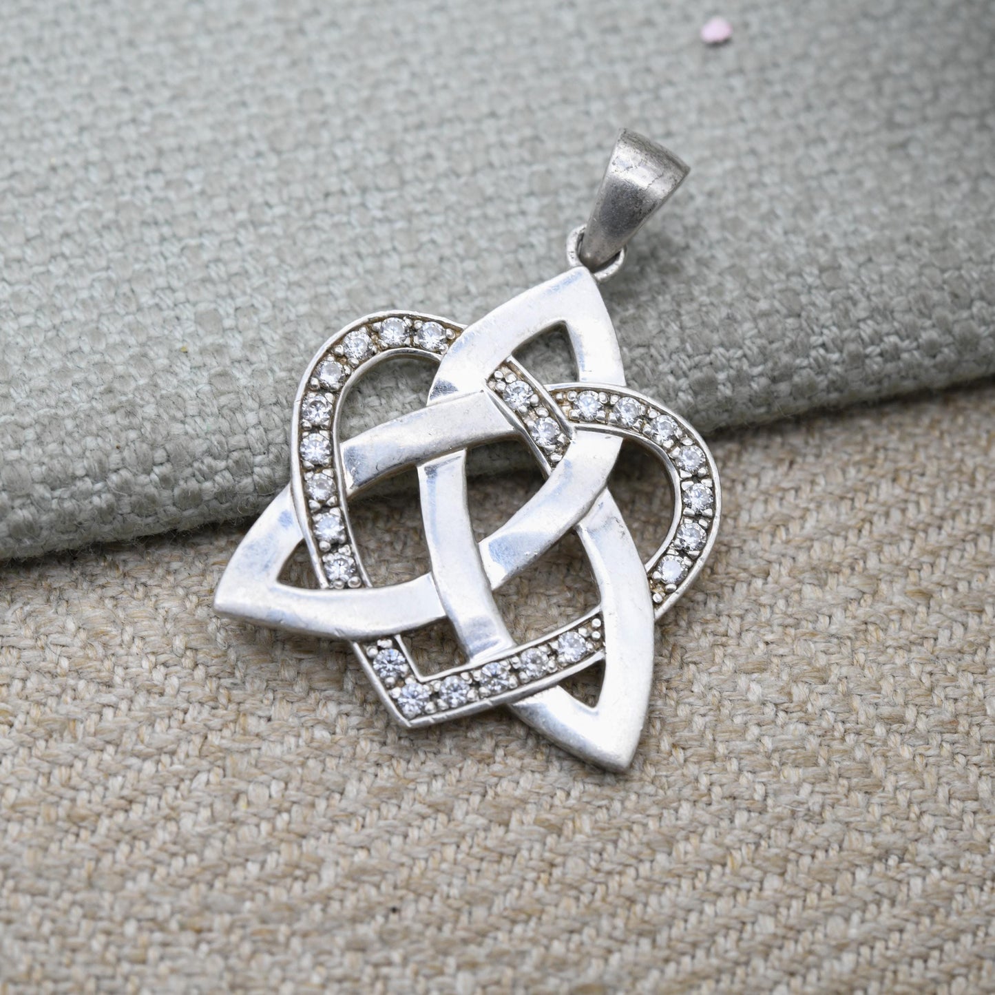Vintage Sterling Silver Celtic Love Pendant - Clear Stone Love Heart and Triquetra Jewellery | Gift for Charm Bracelet Necklace