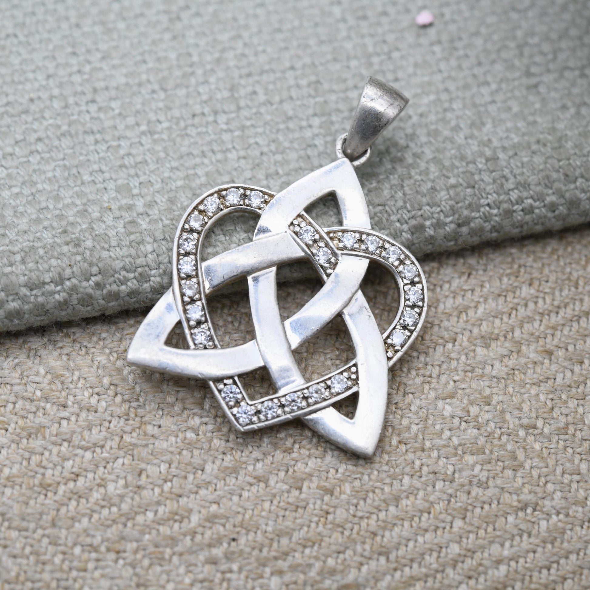 Vintage Sterling Silver Celtic Love Pendant - Clear Stone Love Heart and Triquetra Jewellery | Gift for Charm Bracelet Necklace