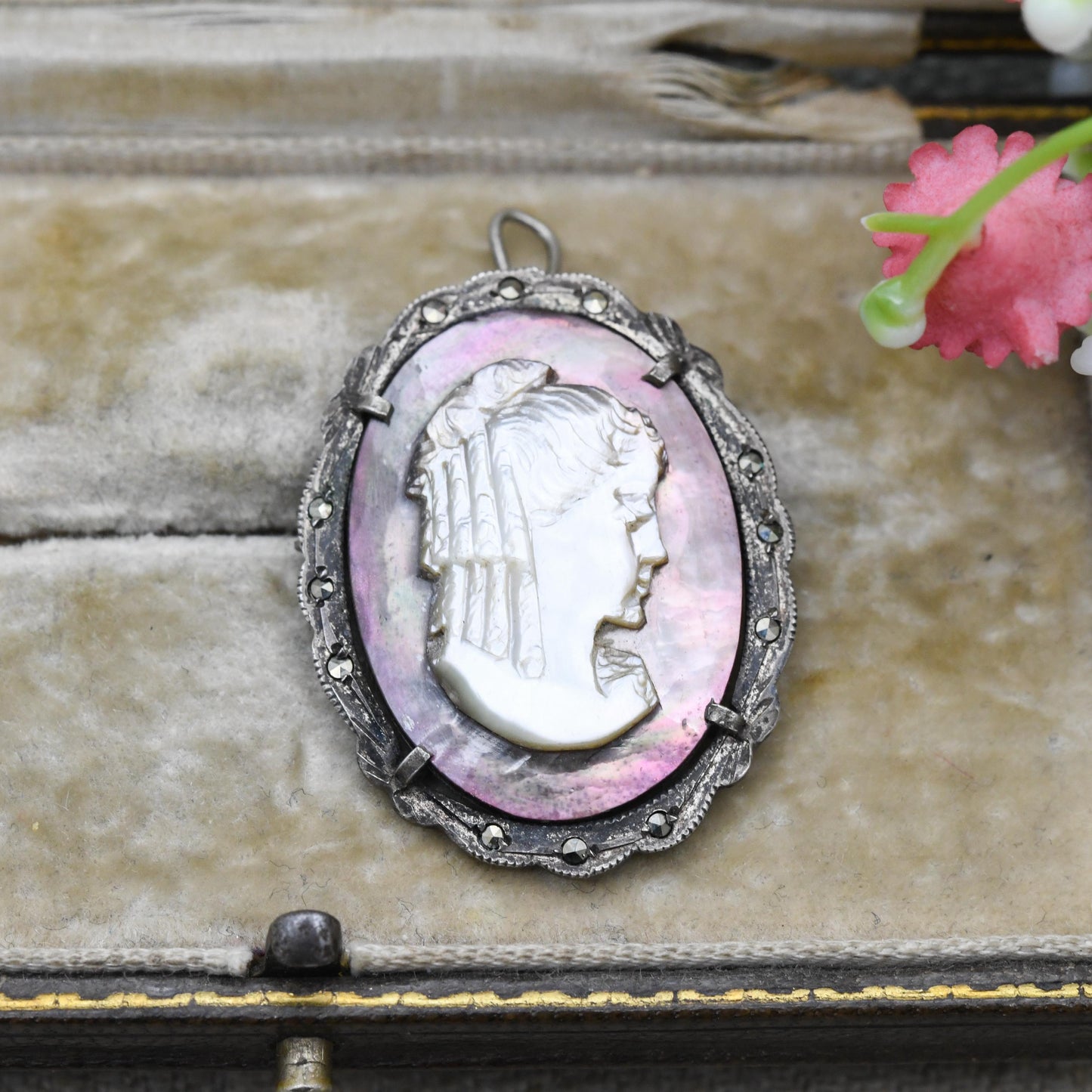Vintage Silver Cameo Brooch Pendant with Shell Cameo - Woman Profile Portrait | Marcasite Border | Gift for Her
