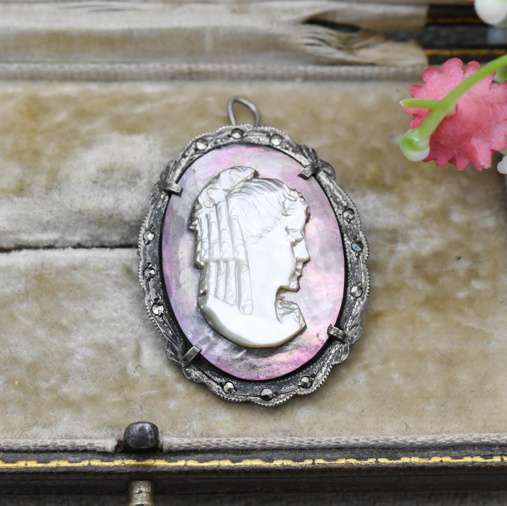 Vintage Silver Cameo Brooch Pendant with Shell Cameo - Woman Profile Portrait | Marcasite Border | Gift for Her