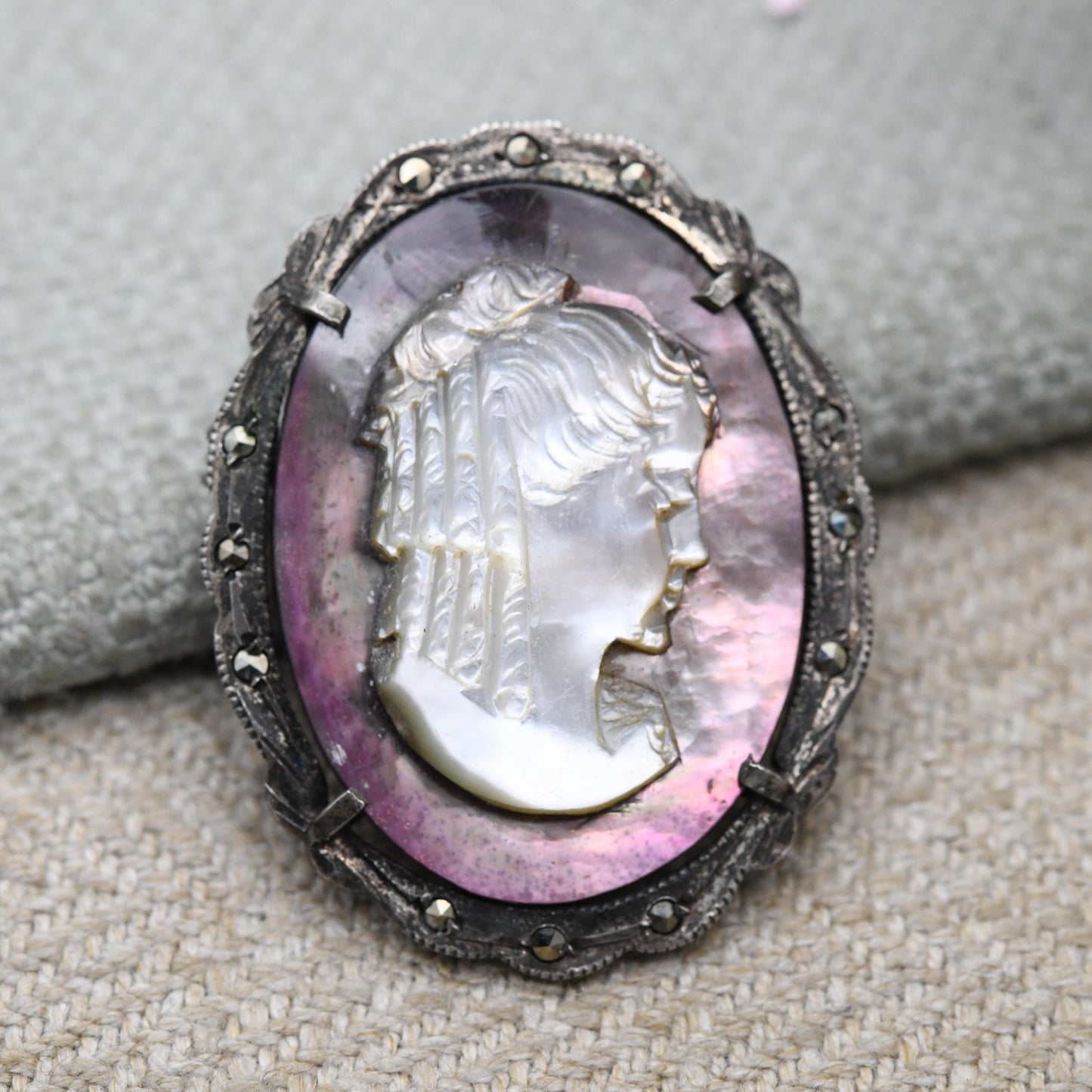 Vintage Silver Cameo Brooch Pendant with Shell Cameo - Woman Profile Portrait | Marcasite Border | Gift for Her