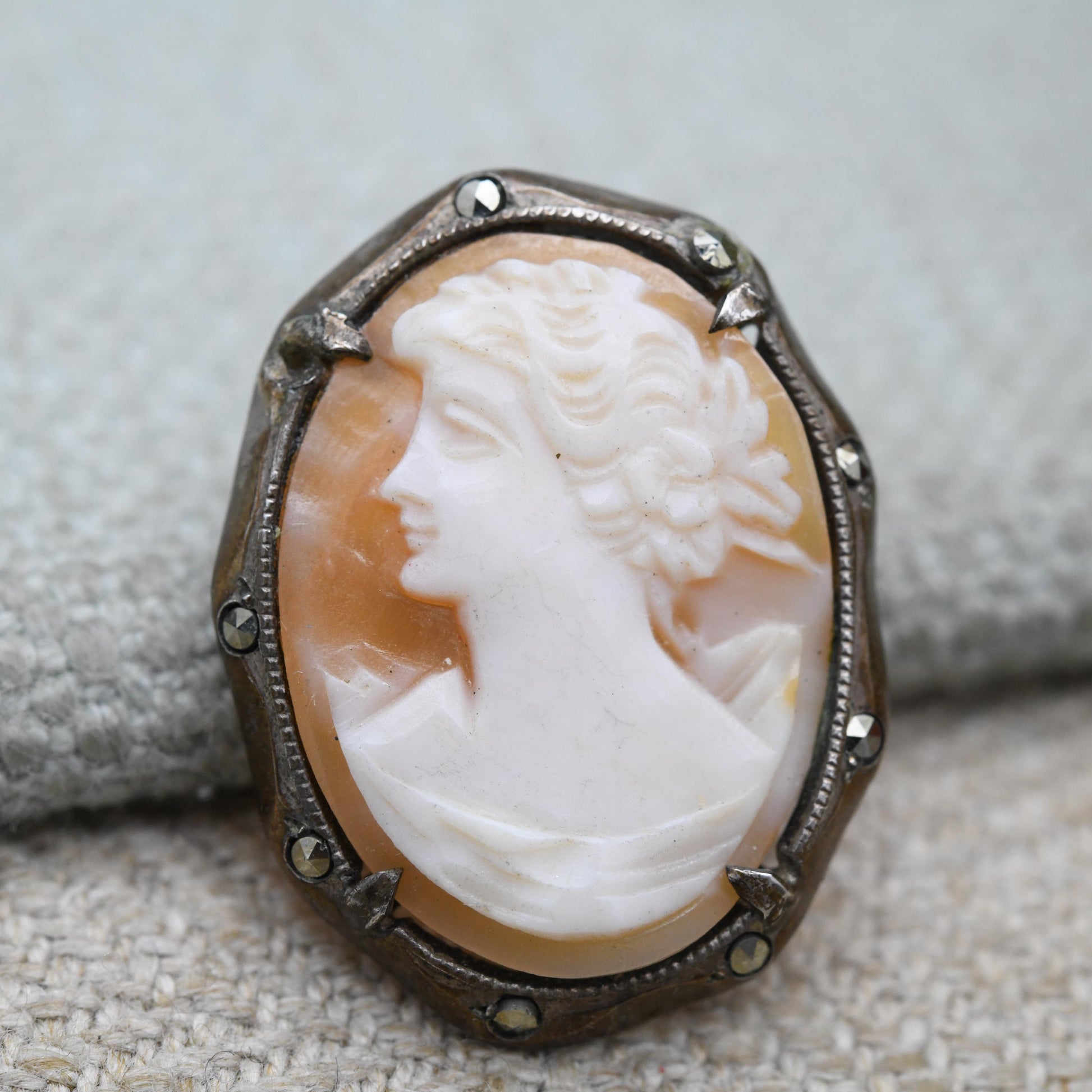 Vintage European Silver Cameo Brooch - Carved Shell Woman Profile Portrait | Gift for Her