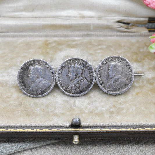 Antique Silver George V Two Annas Three Coin Bar Brooch - 1917 Emperor of India Coin Collection