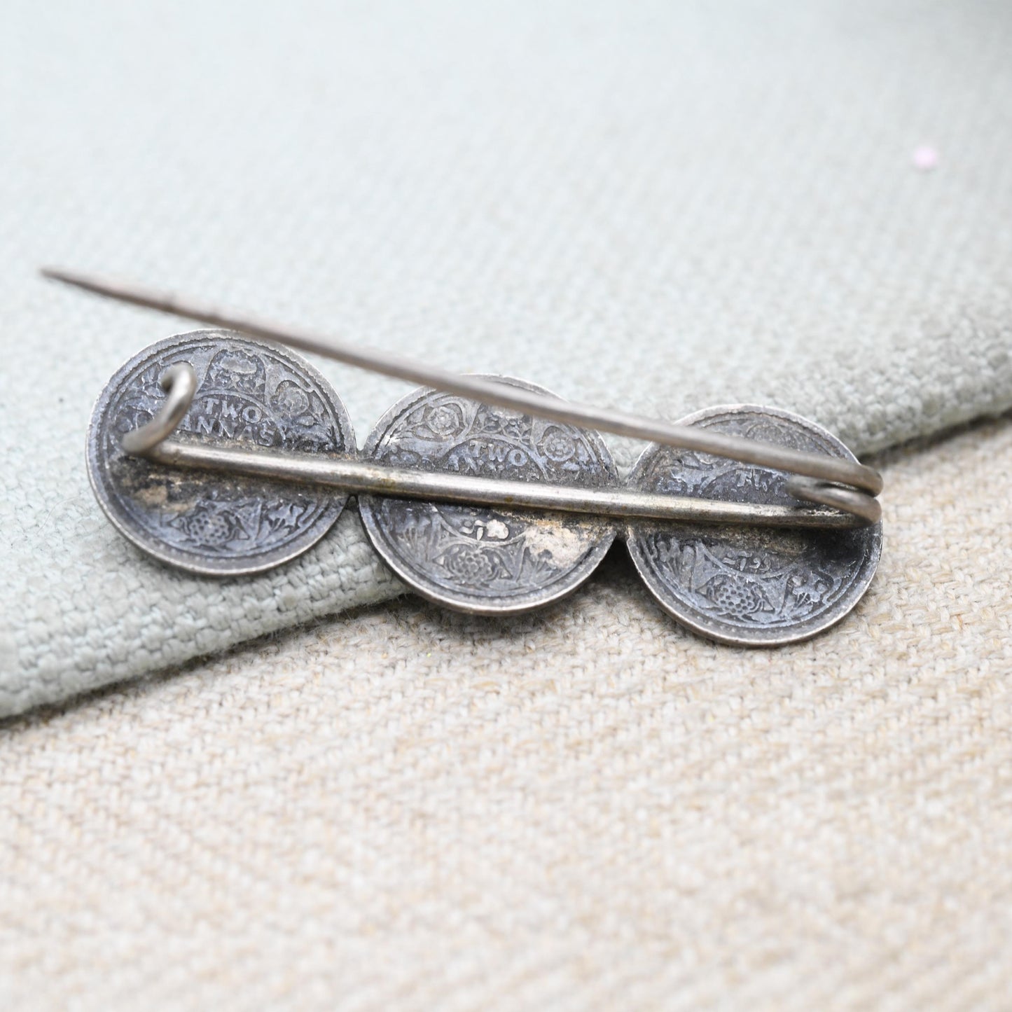 Antique Silver George V Two Annas Three Coin Bar Brooch - 1917 Emperor of India Coin Collection
