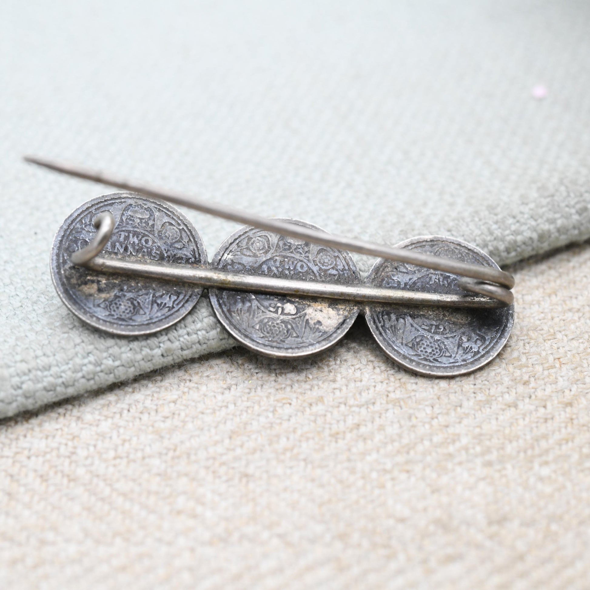 Antique Silver George V Two Annas Three Coin Bar Brooch - 1917 Emperor of India Coin Collection