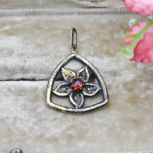 Vintage Sterling Silver Gold Plated Rose Flower Red Stone Pendant - Pretty Textured Flower Jewellery | Gift for Pendant Necklace