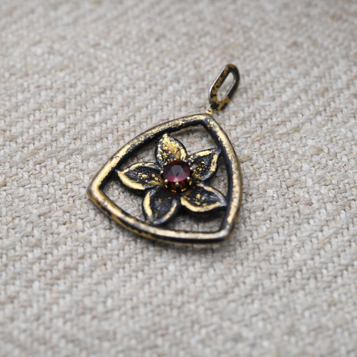 Vintage Sterling Silver Gold Plated Rose Flower Red Stone Pendant - Pretty Textured Flower Jewellery | Gift for Pendant Necklace