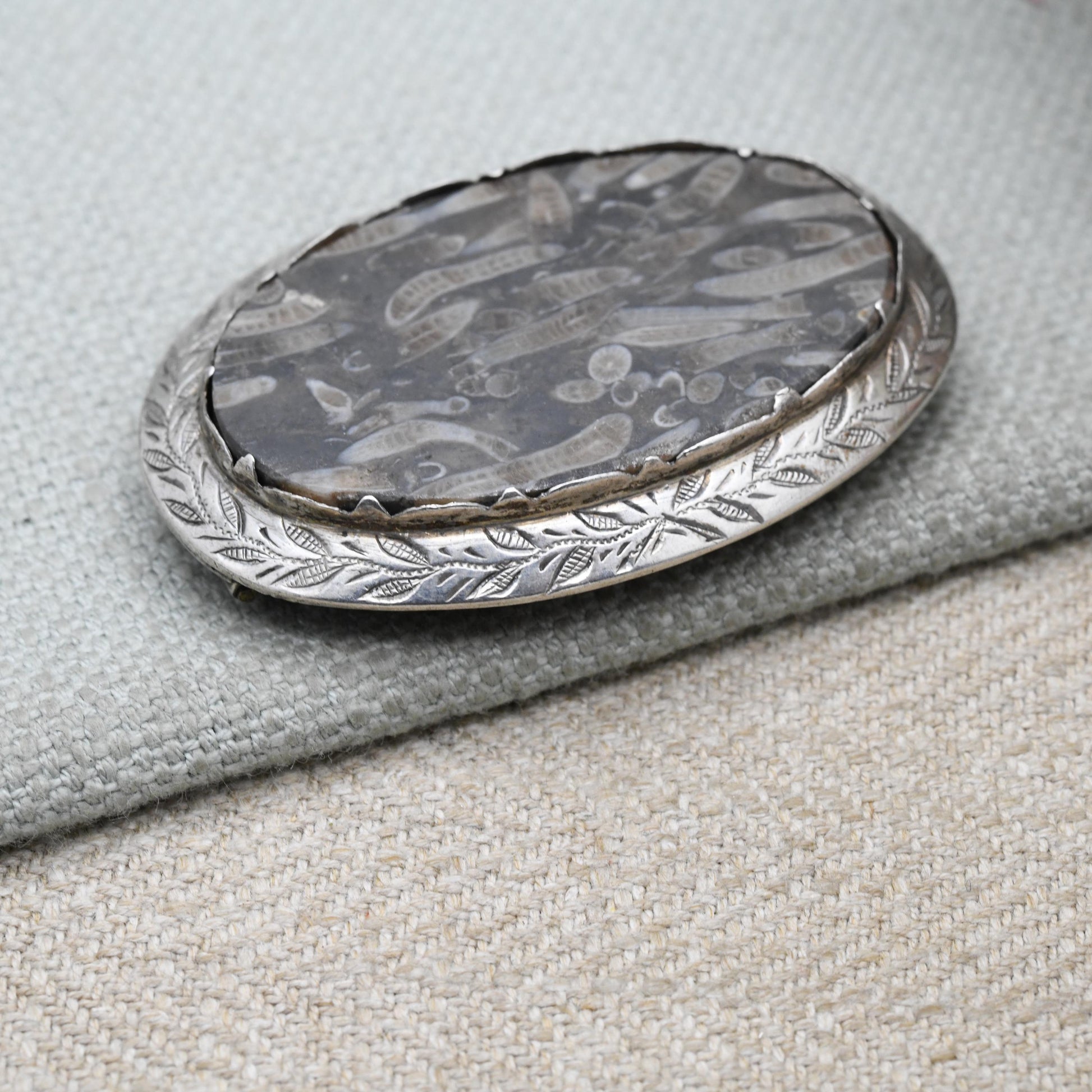 Antique Silver Coral Fossil Brooch Pendant c. 1890's - Siphonodendron Junceum Fossil set into an Engraved Floral Mount | Victorian Fossil