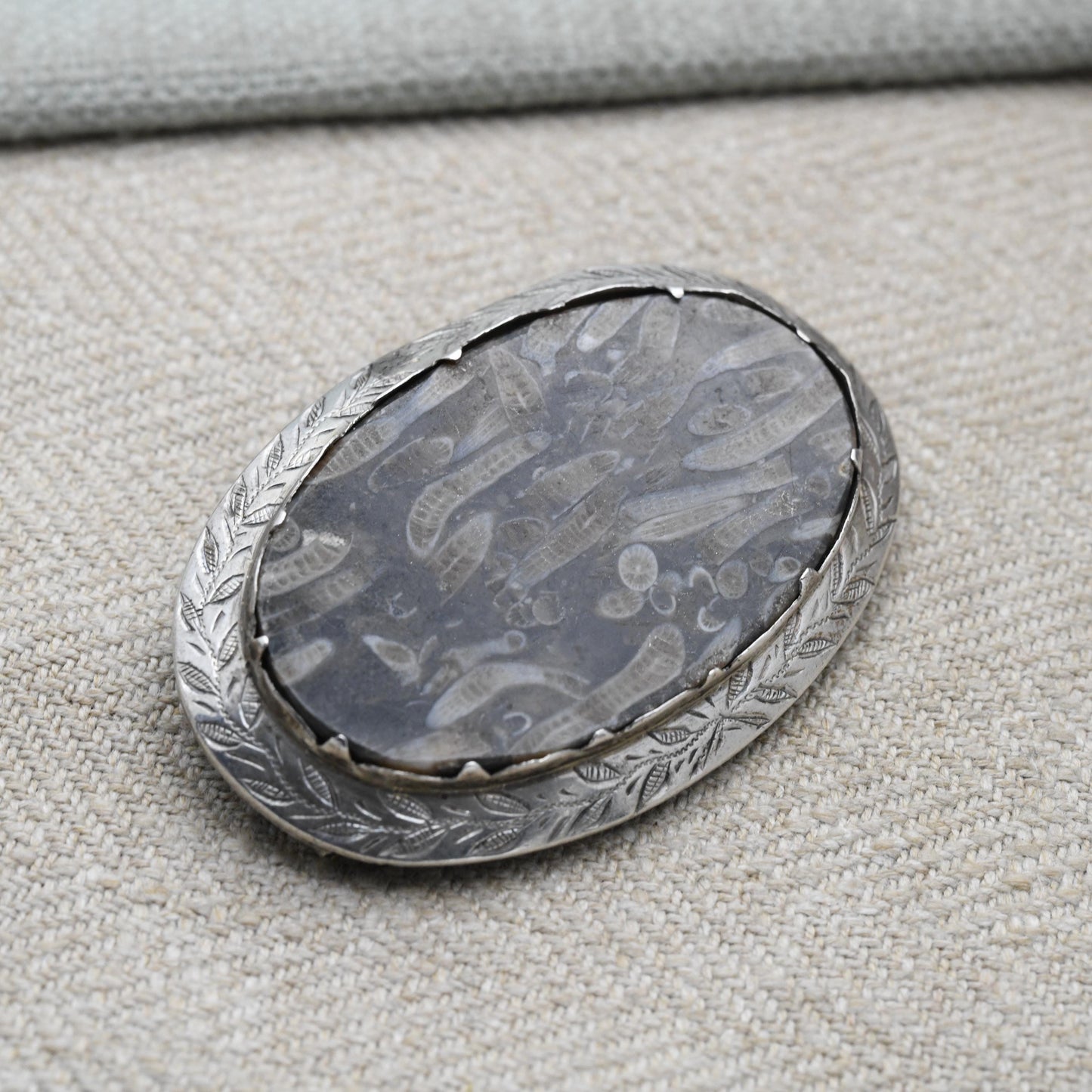 Antique Silver Coral Fossil Brooch Pendant c. 1890's - Siphonodendron Junceum Fossil set into an Engraved Floral Mount | Victorian Fossil