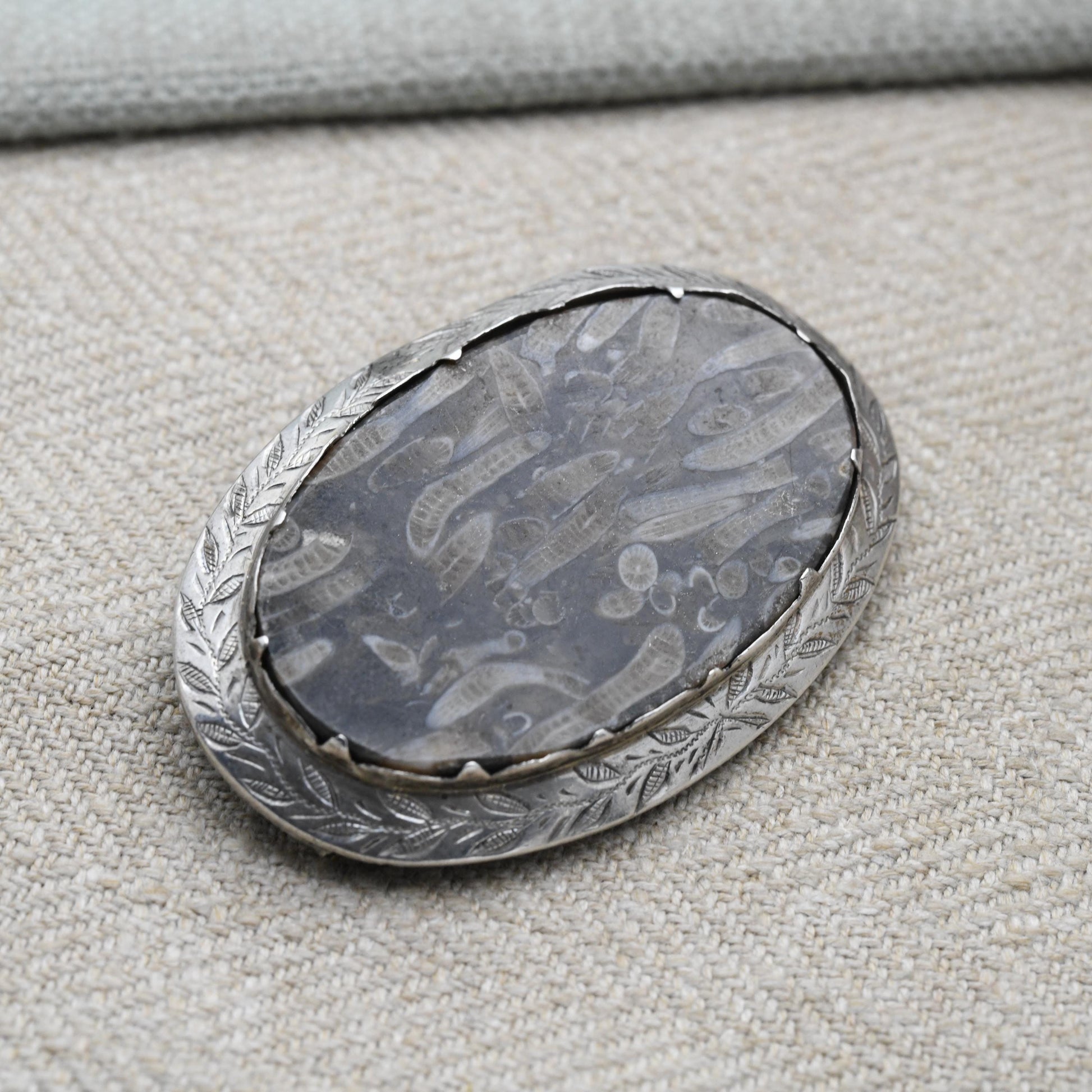 Antique Silver Coral Fossil Brooch Pendant c. 1890's - Siphonodendron Junceum Fossil set into an Engraved Floral Mount | Victorian Fossil