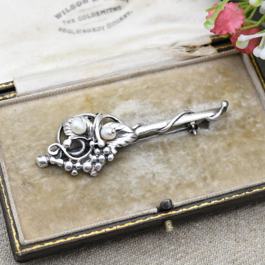 Vintage Silver Openwork Floral Bar Brooch with Two Delicate Pearls - Vine and Grapes Statement Pin | Gift for Her
