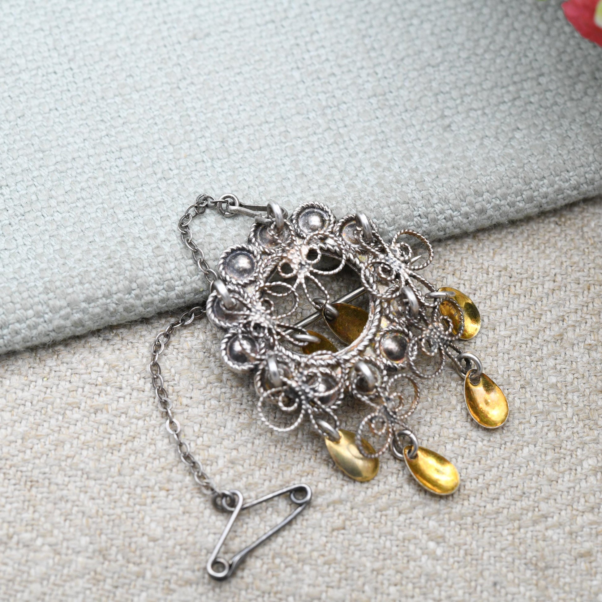 Vintage Silver Norwegian Solje Brooch with Gold Tone Tassel Drops - Collectable Scandinavian Silver Jewellery