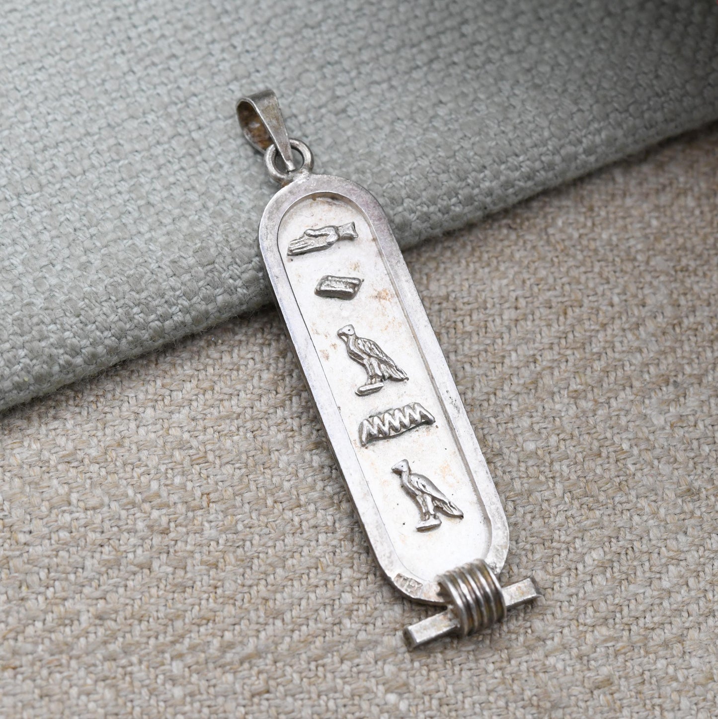 Vintage Silver Egyptian Cartouche Pendant with Hieroglyphs - Spelling Out Name Diana | Raised Relief Design Ancient Egypt Symbols