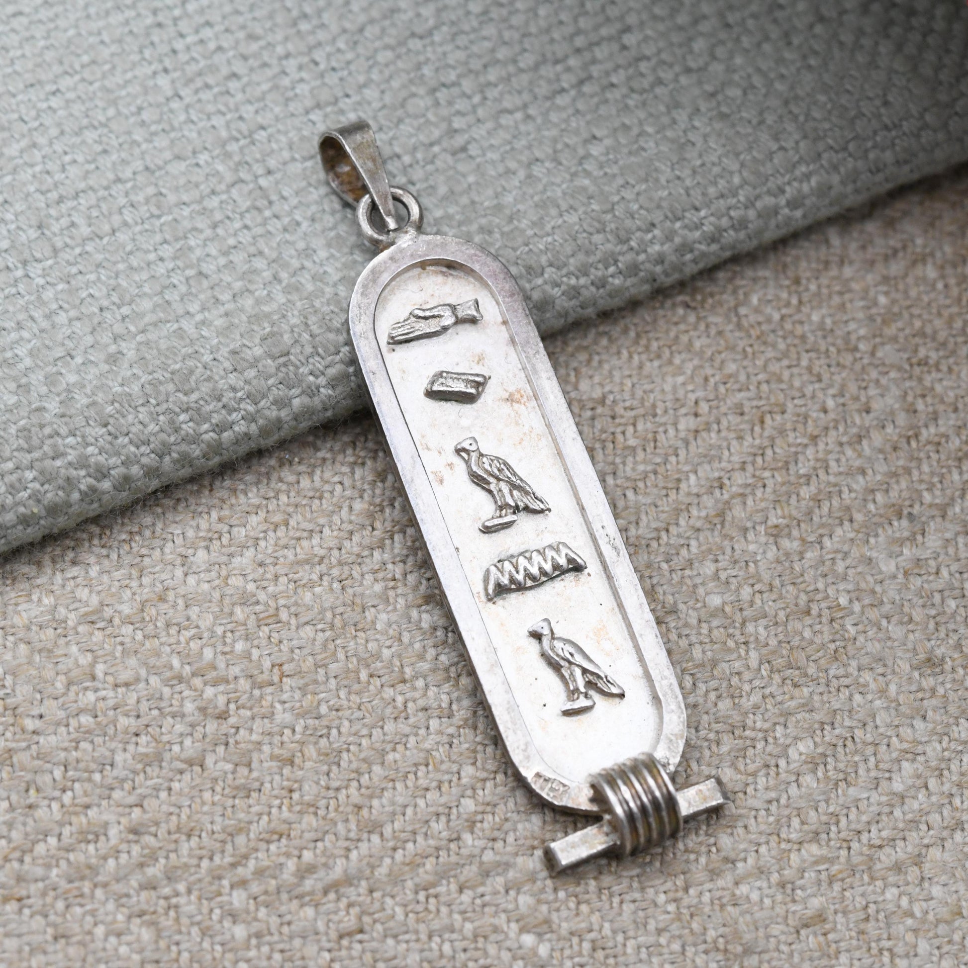 Vintage Silver Egyptian Cartouche Pendant with Hieroglyphs - Spelling Out Name Diana | Raised Relief Design Ancient Egypt Symbols