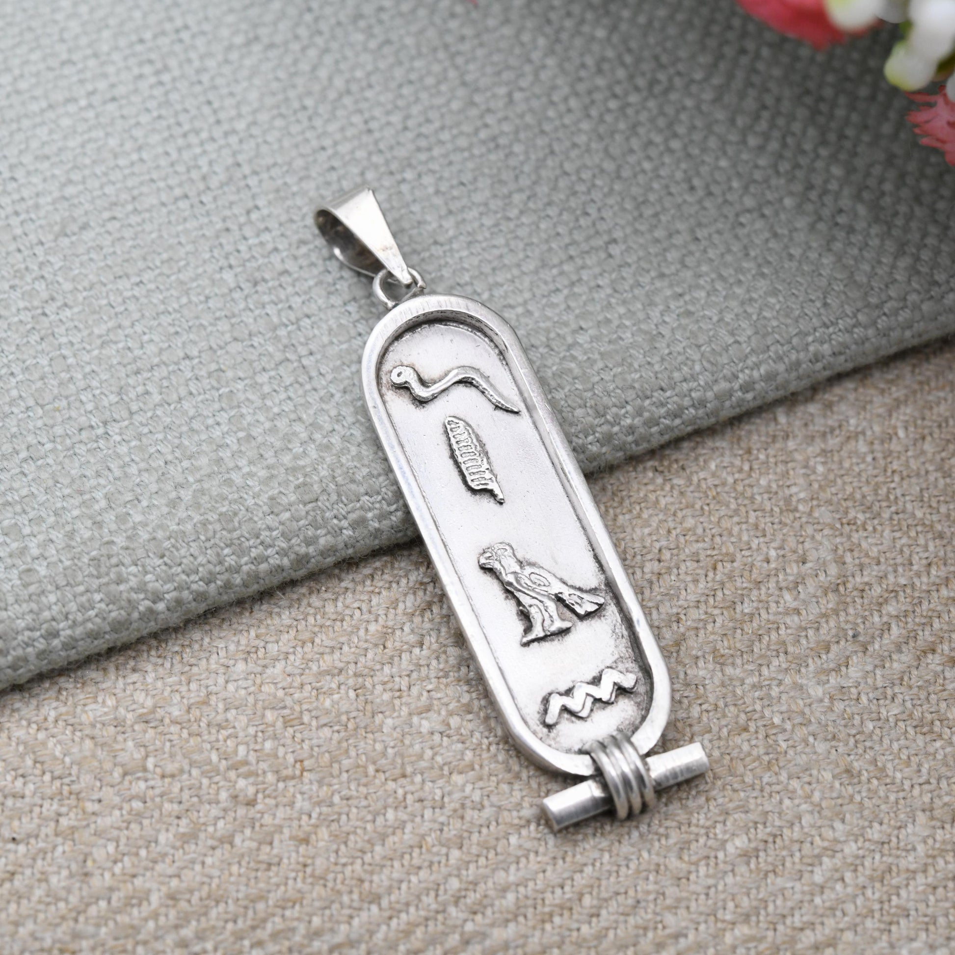 Vintage Silver Egyptian Cartouche Pendant with Hieroglyphs - Spelling Out Name Jean | Raised Relief Design Ancient Egypt Symbols