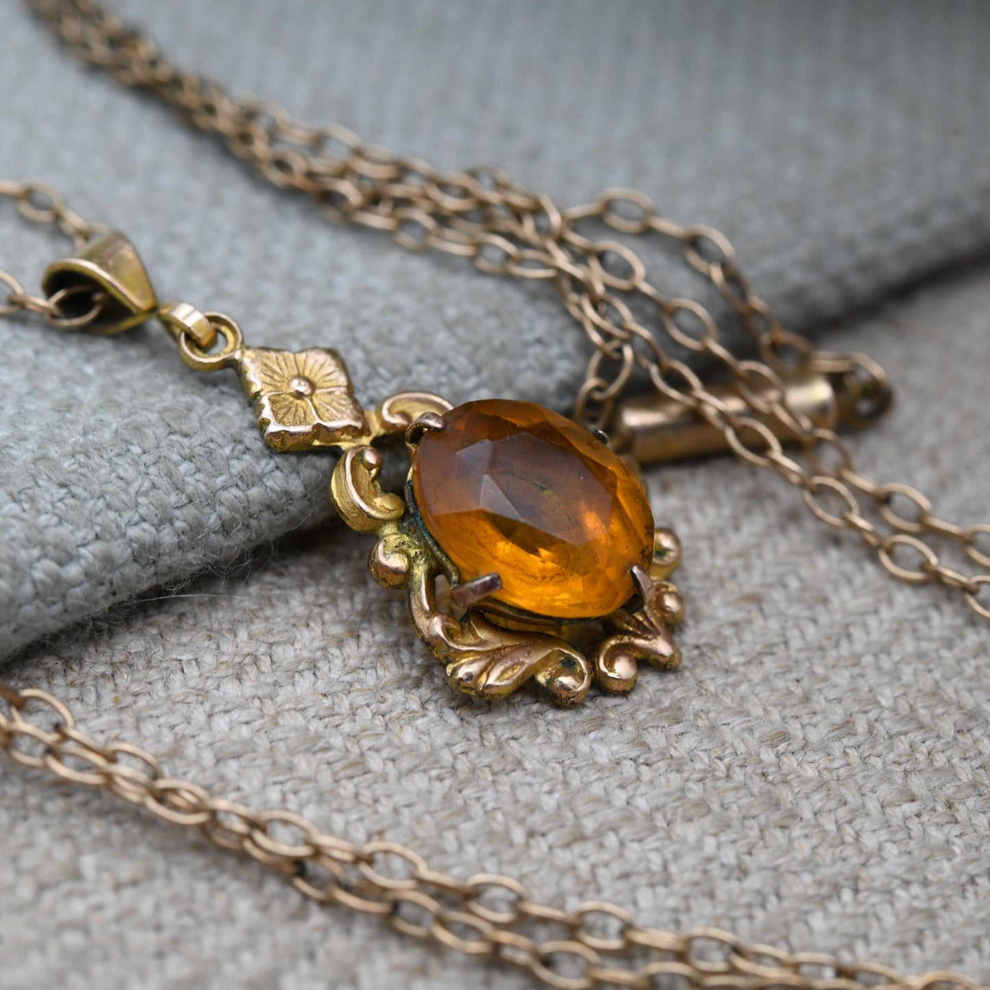Antique 9ct Gold Lined Floral Pendant Necklace with Faceted Orange Paste Stone c. 1900 Edwardian