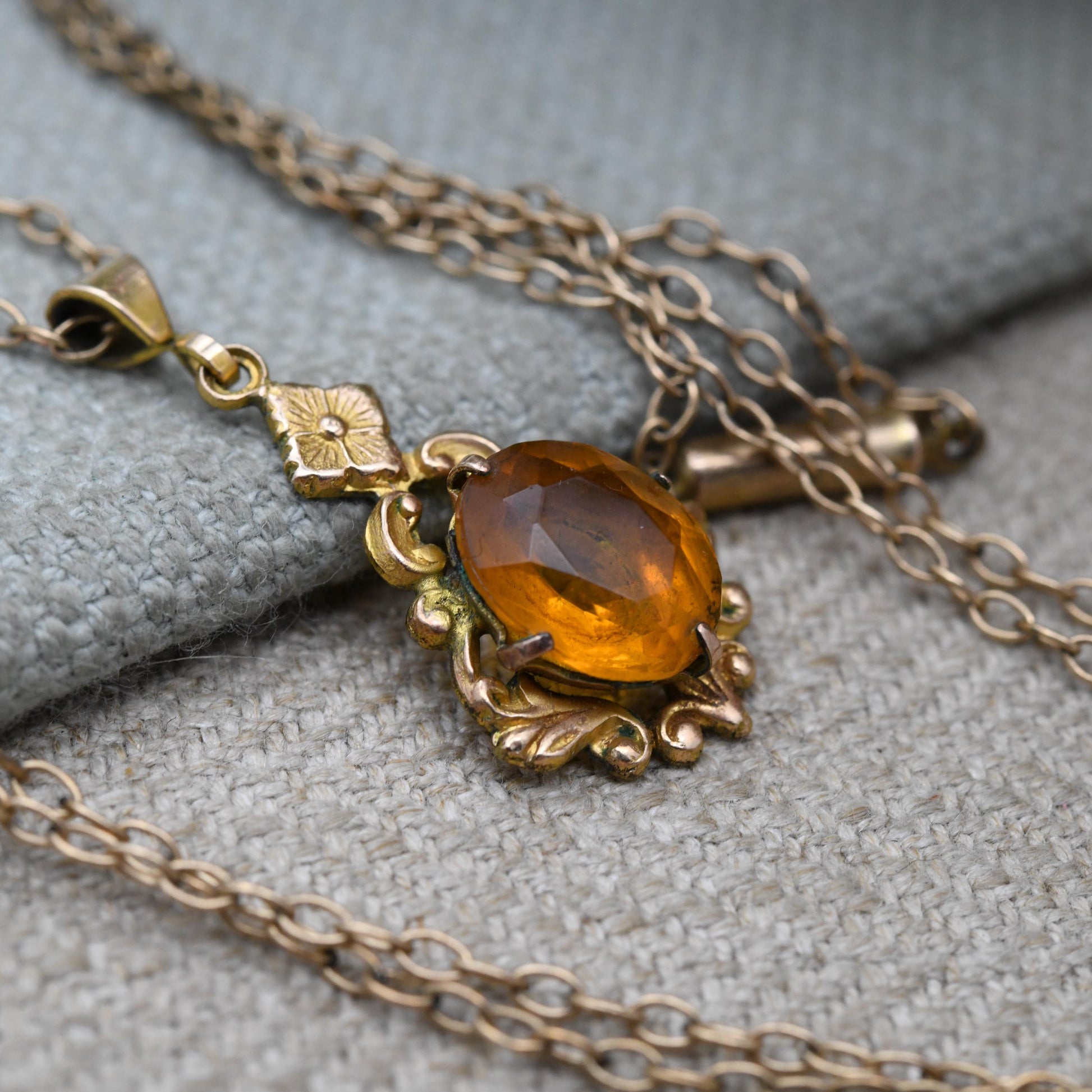 Antique 9ct Gold Lined Floral Pendant Necklace with Faceted Orange Paste Stone c. 1900 Edwardian