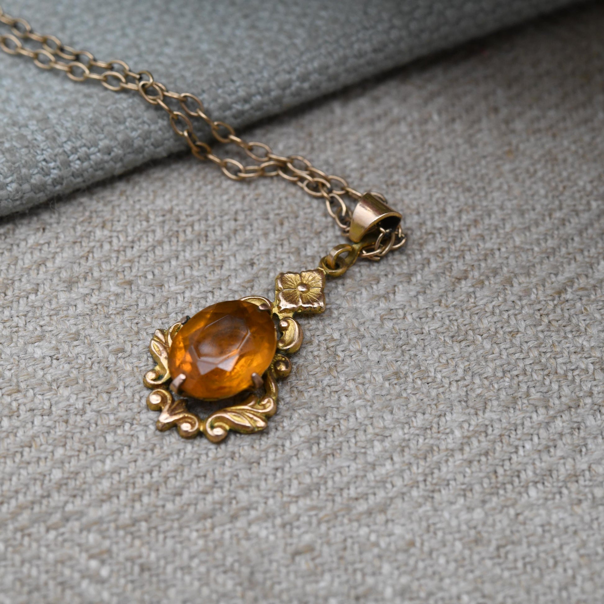 Antique 9ct Gold Lined Floral Pendant Necklace with Faceted Orange Paste Stone c. 1900 Edwardian