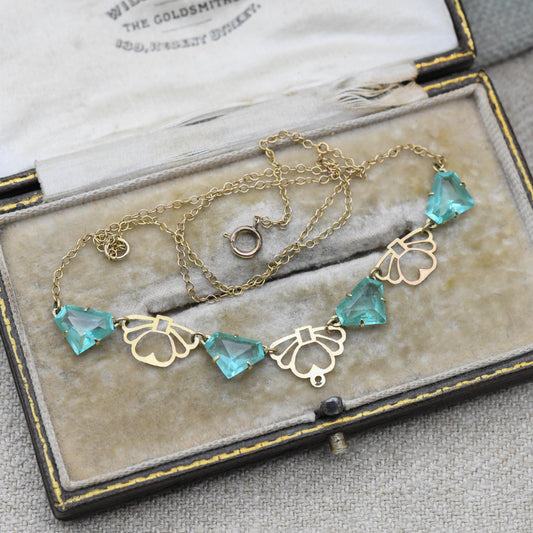 Antique Edwardian 9ct Gold Blue Paste Necklace c. 1910s with Art Deco Fan Shape