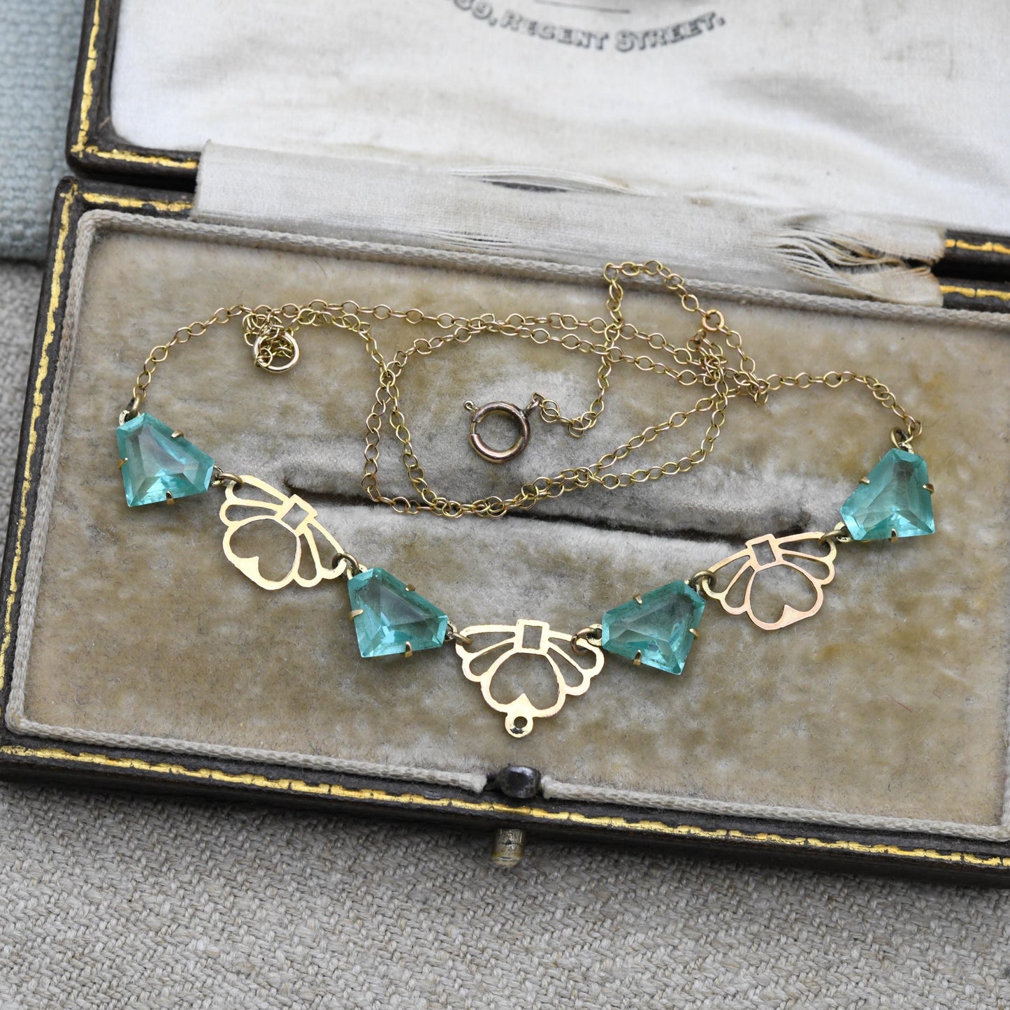Antique Edwardian 9ct Gold Blue Paste Necklace c. 1910s with Art Deco Fan Shape