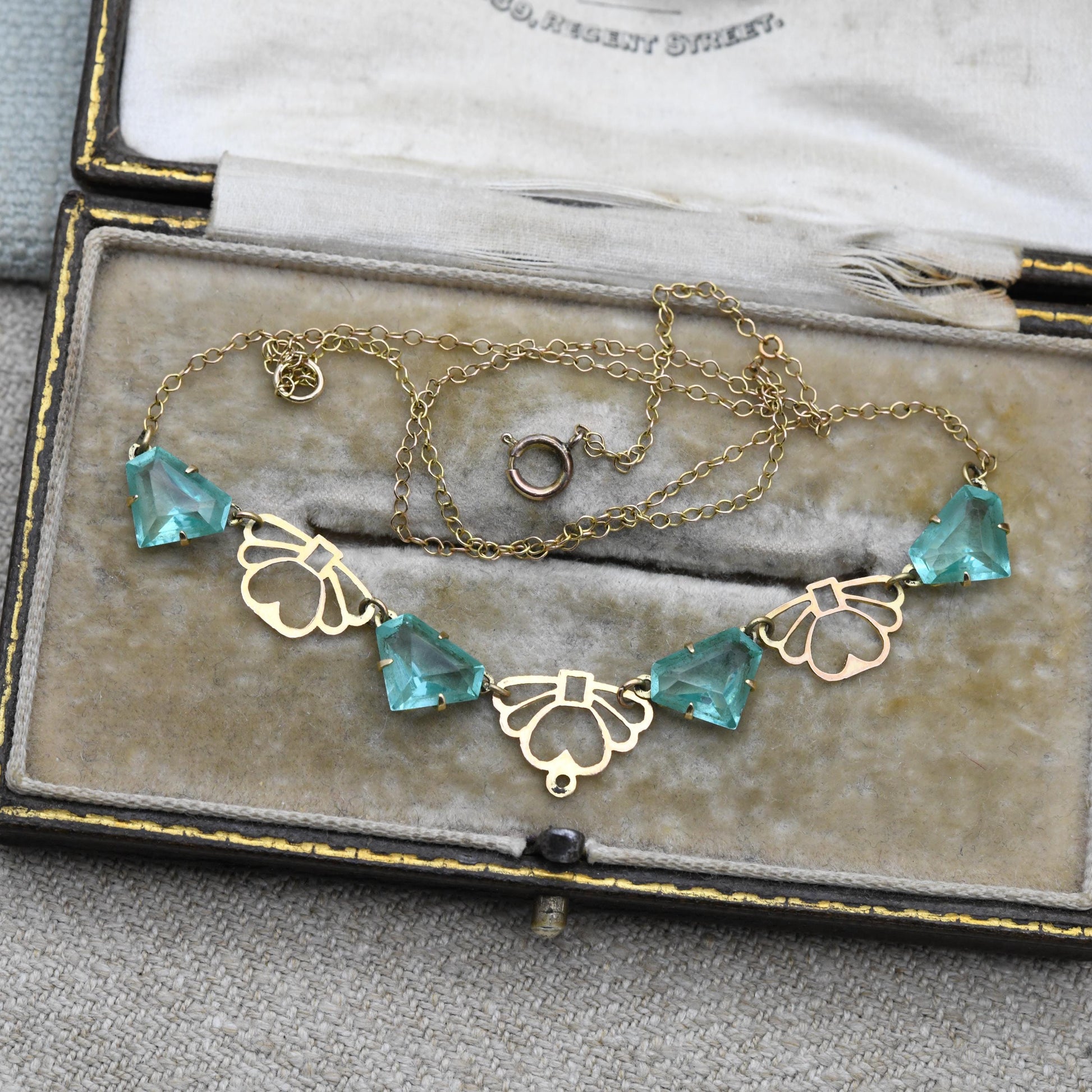Antique Edwardian 9ct Gold Blue Paste Necklace c. 1910s with Art Deco Fan Shape