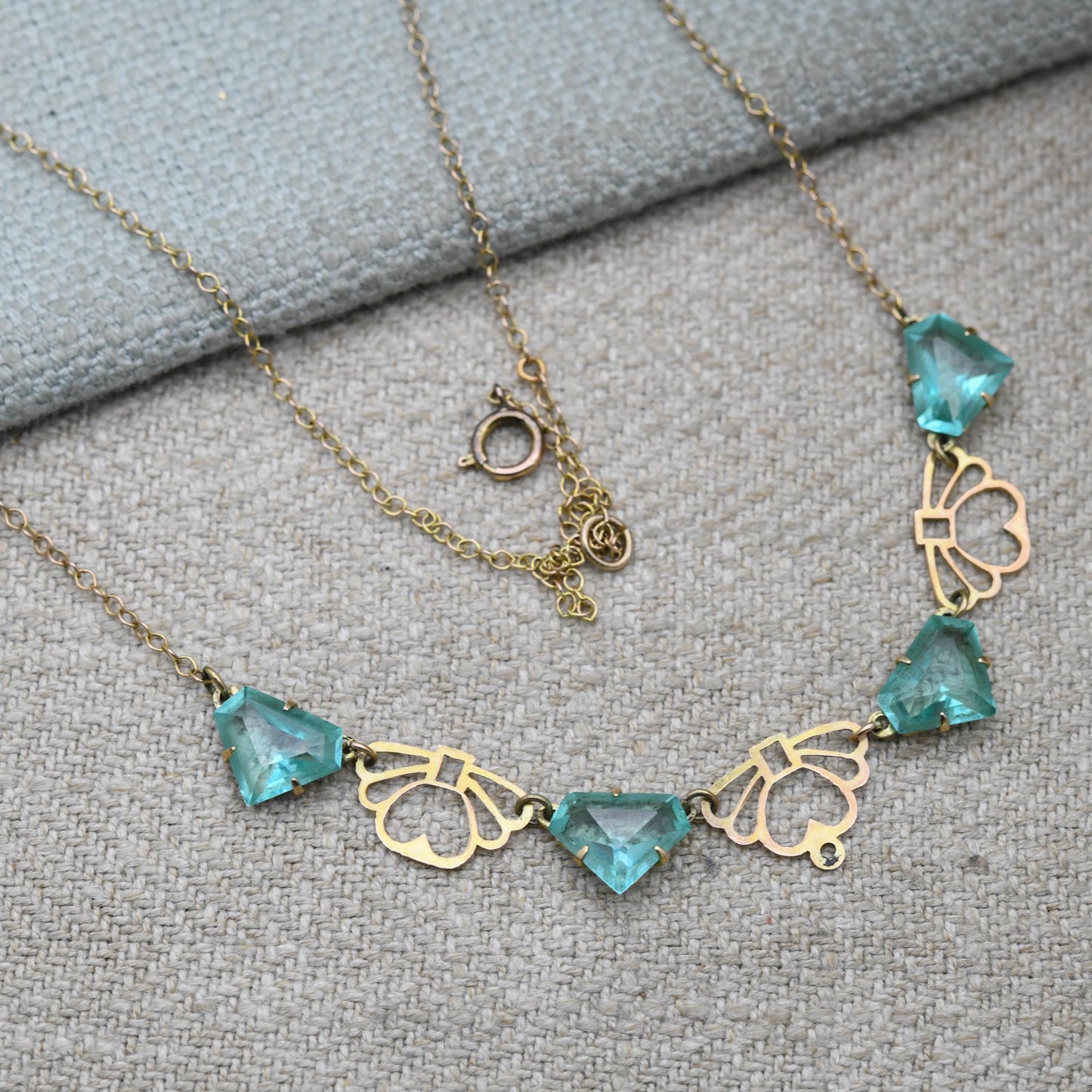 Antique Edwardian 9ct Gold Blue Paste Necklace c. 1910s with Art Deco Fan Shape