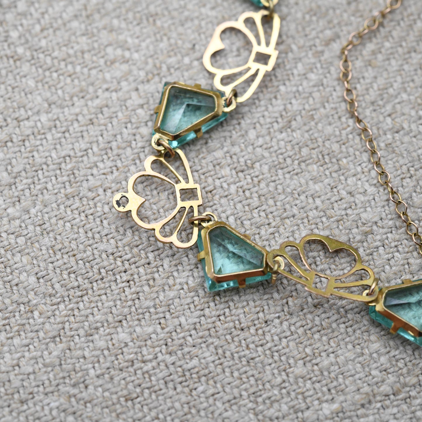 Antique Edwardian 9ct Gold Blue Paste Necklace c. 1910s with Art Deco Fan Shape