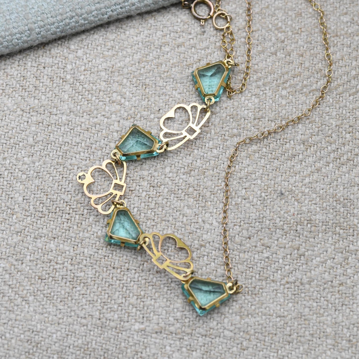 Antique Edwardian 9ct Gold Blue Paste Necklace c. 1910s with Art Deco Fan Shape