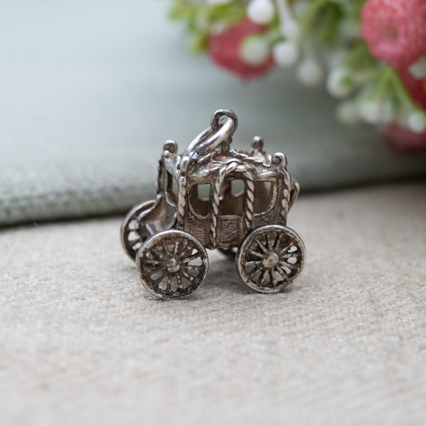 Vintage Sterling Silver Moving Fantasy Carriage Charm Pendant - Stage Coach Charm | Articulated Wheels | Gift for Charm Bracelet