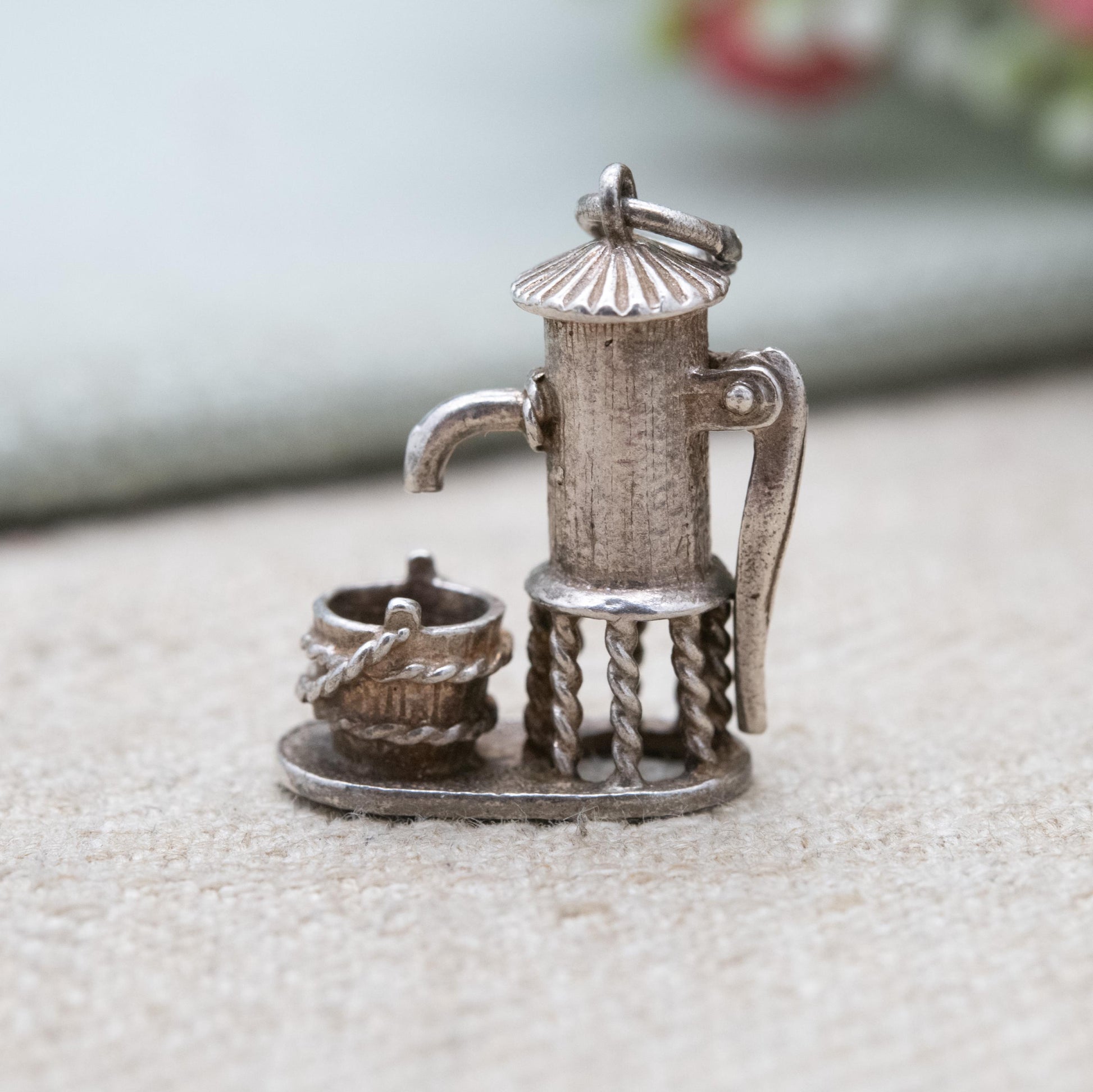 Vintage Sterling Silver Moving Water Pump Charm Pendant - Articulated Water Bucket | Gift for Charm Bracelet