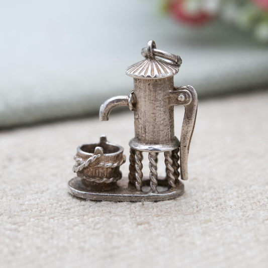Vintage Sterling Silver Moving Water Pump Charm Pendant - Articulated Water Bucket | Gift for Charm Bracelet