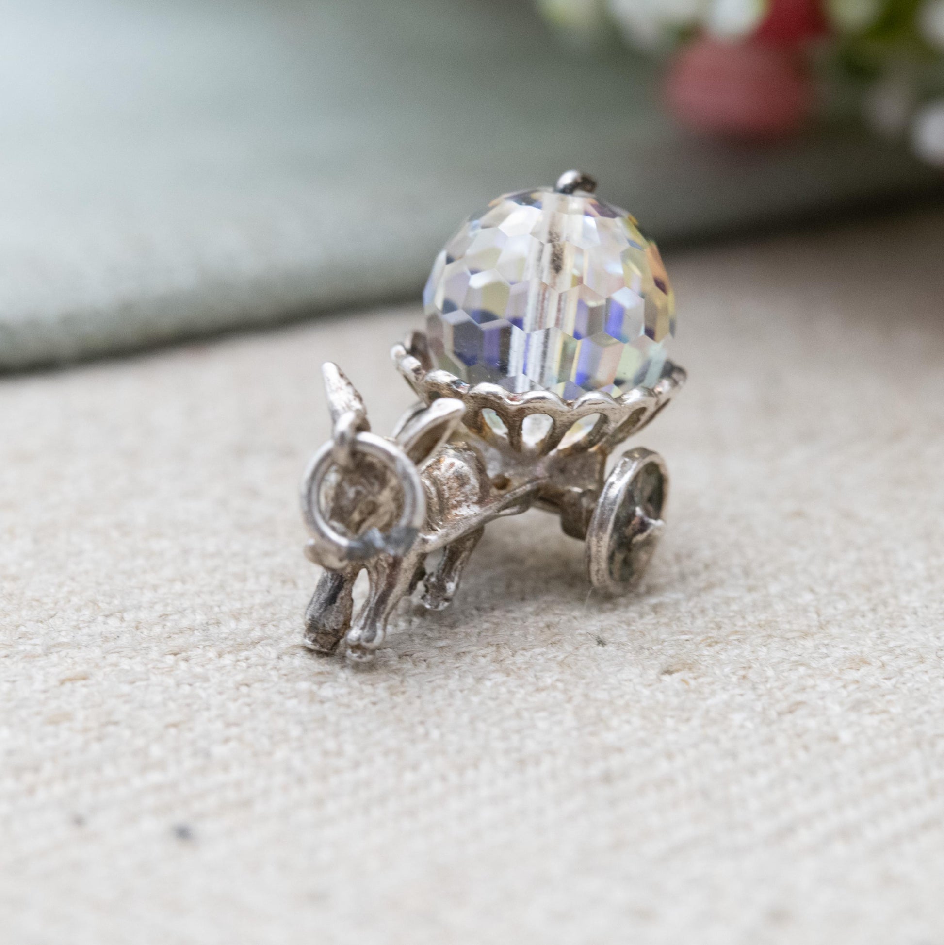 Vintage Sterling Silver Aurora Crystal Moving Donkey Cart Charm Pendant - Fantasy Princess Carriage | Gift for Charm Bracelet